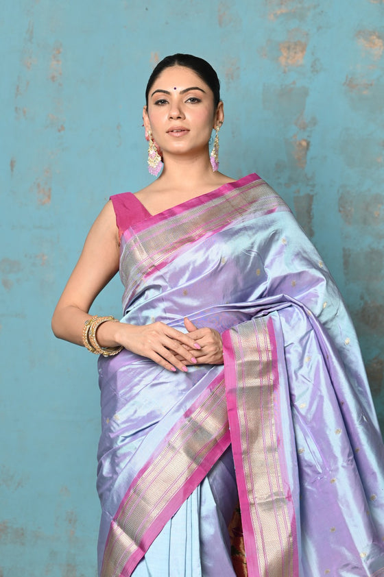 Tyohaar ~ Exclusive! Handloom Pure Silk Paithani in with Most Traditional Double Pallu ~ Dual Tone Sky Blue Pink