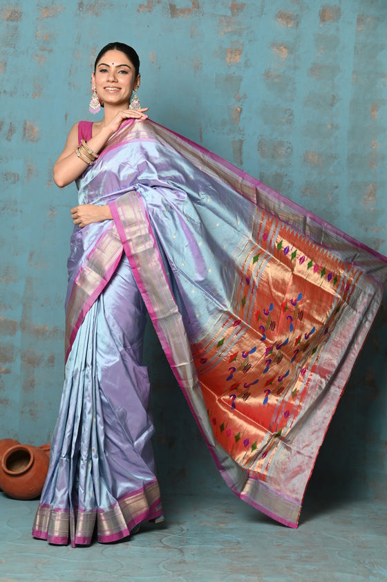 Tyohaar ~ Exclusive! Handloom Pure Silk Paithani in with Most Traditional Double Pallu ~ Dual Tone Sky Blue Pink