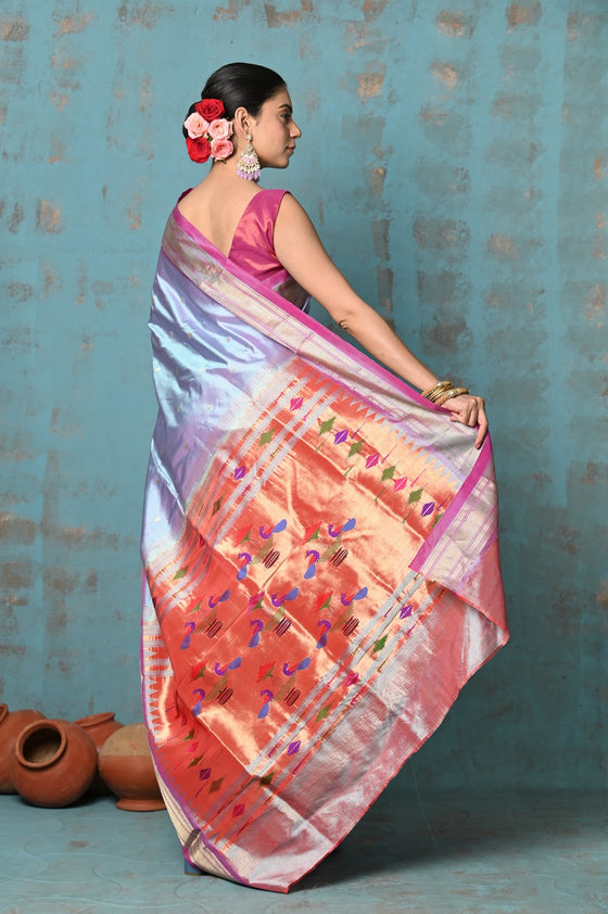 Tyohaar ~ Exclusive! Handloom Pure Silk Paithani in with Most Traditional Double Pallu ~ Dual Tone Sky Blue Pink