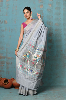  Tyohaar ~ Handloom Pure Cotton Paithani With Asawali Pallu ~ Grey