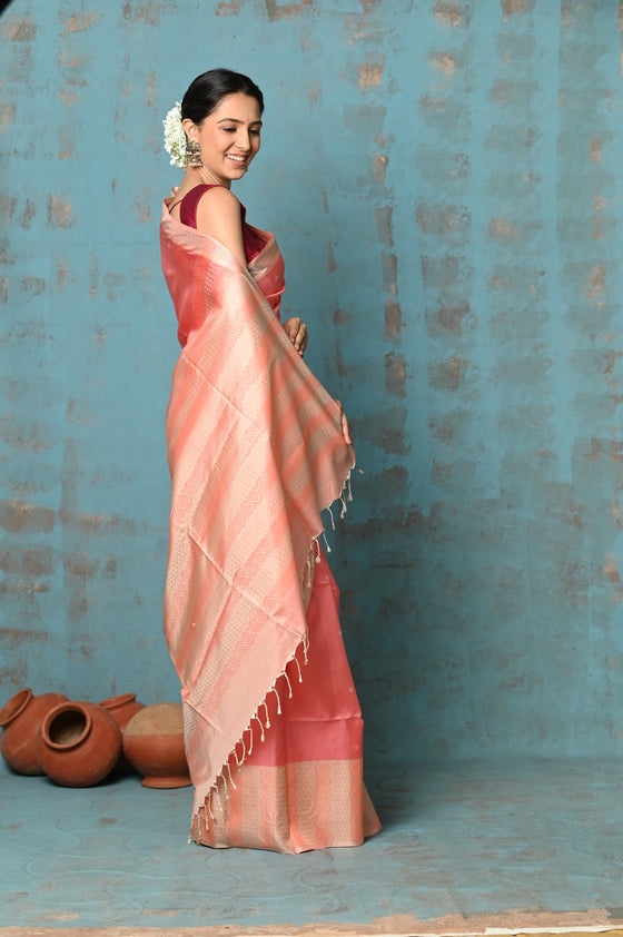 Anokhi ~ Handloom Pure Soft Silk Saree with Designer Pallu ~ Salient Peach