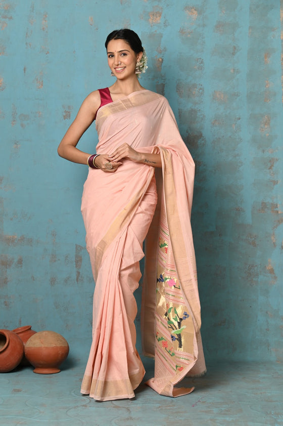 Tyohaar ~ Handloom Pure Cotton Paithani With Lotus Pallu ~ Peach