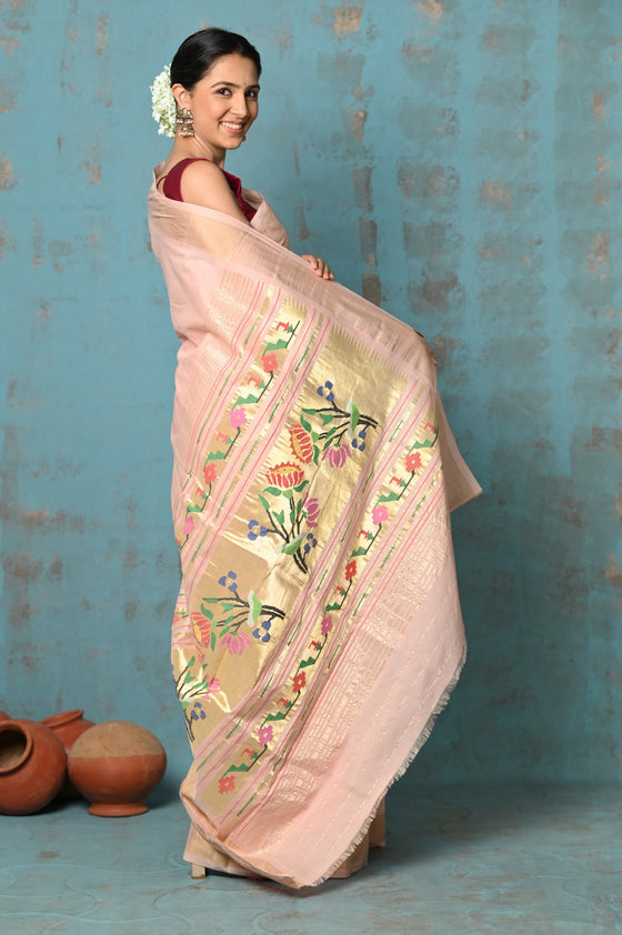 Tyohaar ~ Handloom Pure Cotton Paithani With Lotus Pallu ~ Peach