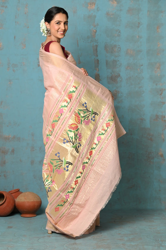 Tyohaar ~ Handloom Pure Cotton Paithani With Lotus Pallu ~ Peach