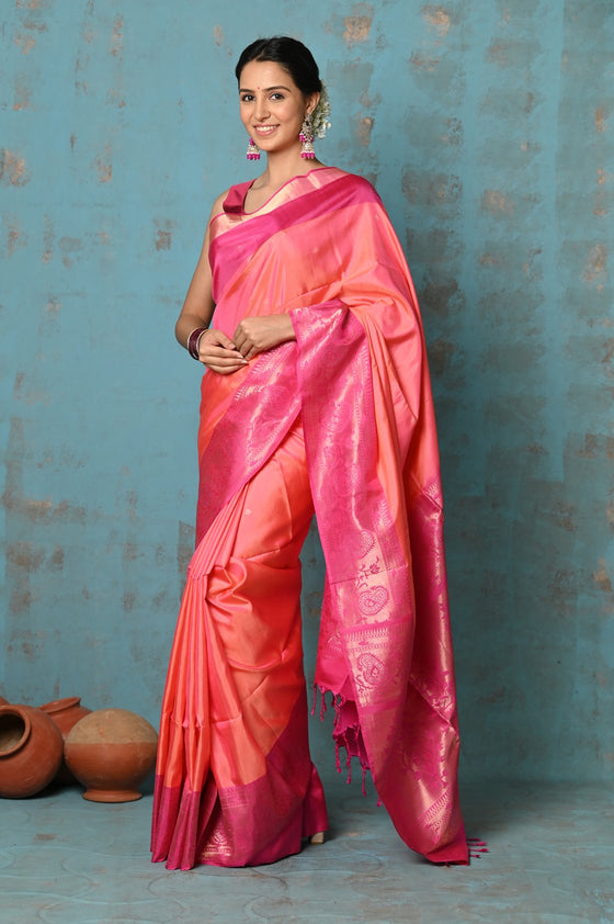 Anokhi ~ Handloom Pure Soft Silk Saree with Designer Pallu ~ Orange Pink(Limited Edition)