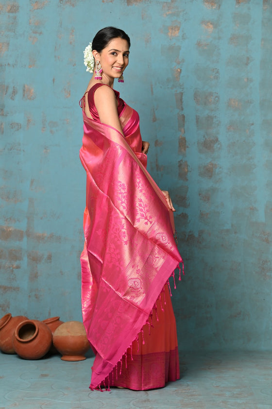 Anokhi ~ Handloom Pure Soft Silk Saree with Designer Pallu ~ Orange Pink(Limited Edition)