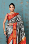 Tyohaar~  Handloom Ilkal Pure Silk with Silk Mark in Beautiful Contrast Pallu ~Silver Red