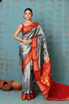 Tyohaar~  Handloom Ilkal Pure Silk with Silk Mark in Beautiful Contrast Pallu ~Silver Red