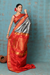 Tyohaar~  Handloom Ilkal Pure Silk with Silk Mark in Beautiful Contrast Pallu ~Silver Red