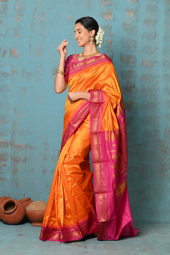 Tyohaar~  Handloom Ilkal Pure Silk with Silk Mark in Beautiful Contrast Pallu ~ Orange Pink