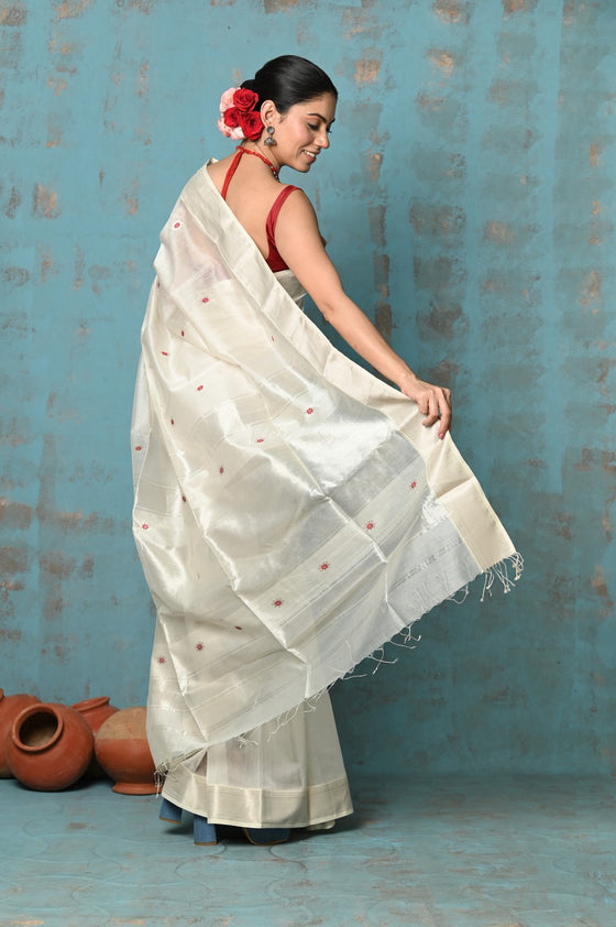 Tyohaar ~ Handloom Cotton Silk Chanderi Saree With Sleek Border~ White