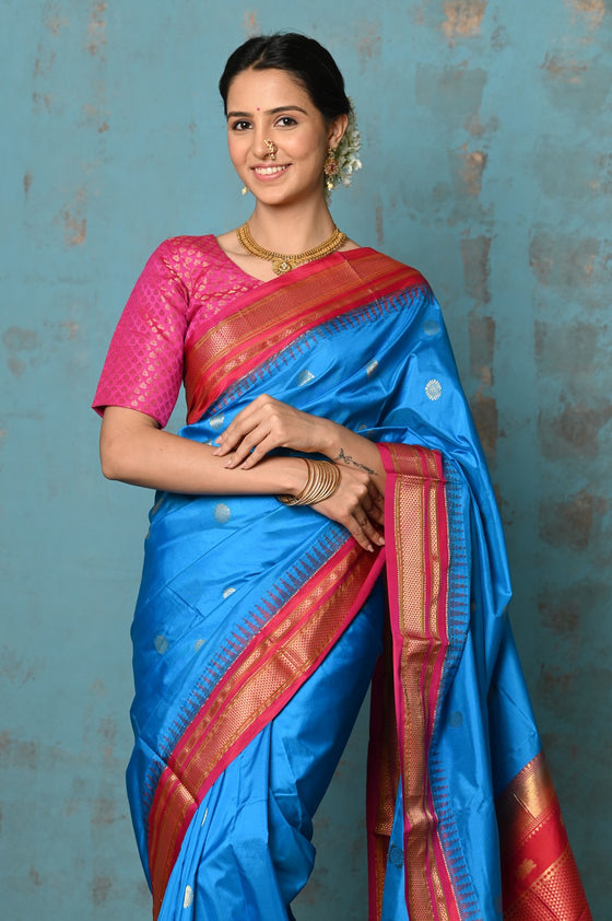 Tyohaar~  Handloom Ilkal Pure Silk with Silk Mark in Beautiful Contrast Pallu ~ Blue Red