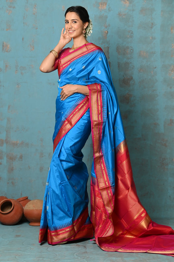 Tyohaar~  Handloom Ilkal Pure Silk with Silk Mark in Beautiful Contrast Pallu ~ Blue Red