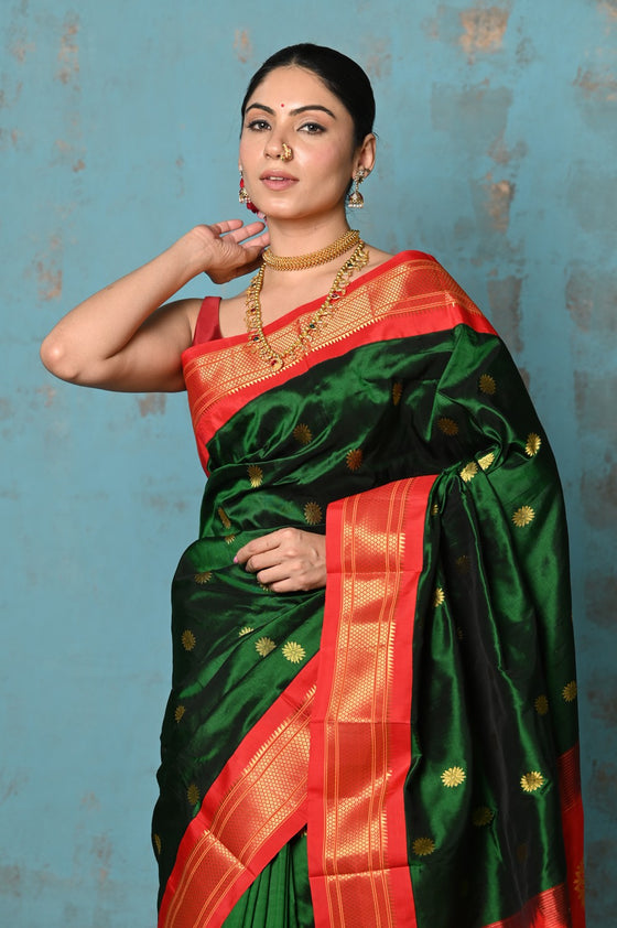 Tyohaar ~ Exclusive Handloom Pure Silk Maharani Paithani With Contrast Pallu~ Royal Green & Red