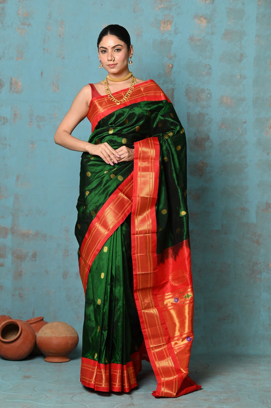 Tyohaar ~ Exclusive Handloom Pure Silk Maharani Paithani With Contrast Pallu~ Royal Green & Red