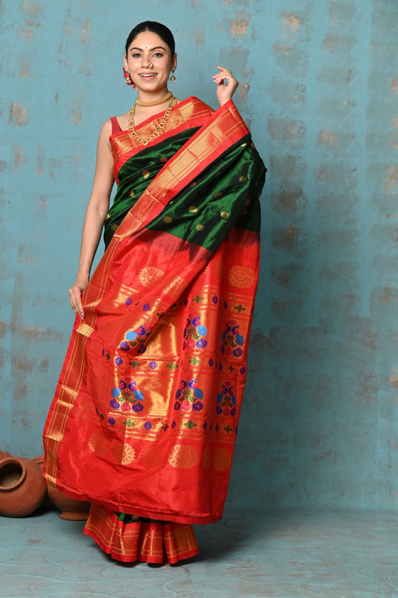 Tyohaar ~ Exclusive Handloom Pure Silk Maharani Paithani With Contrast Pallu~ Royal Green & Red