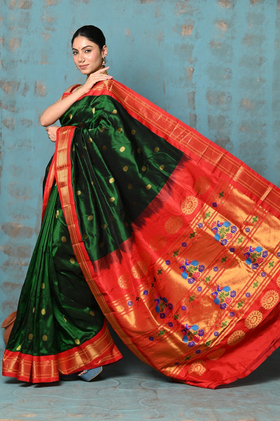 Tyohaar ~ Exclusive Handloom Pure Silk Maharani Paithani With Contrast Pallu~ Royal Green & Red