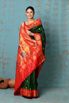 Tyohaar ~ Exclusive Handloom Pure Silk Maharani Paithani With Contrast Pallu~ Royal Green & Red