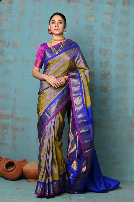 Tyohaar ~ Exclusive Handloom Pure Silk Maharani Paithani With Contrast Pallu~ Dual Tone Blue Green