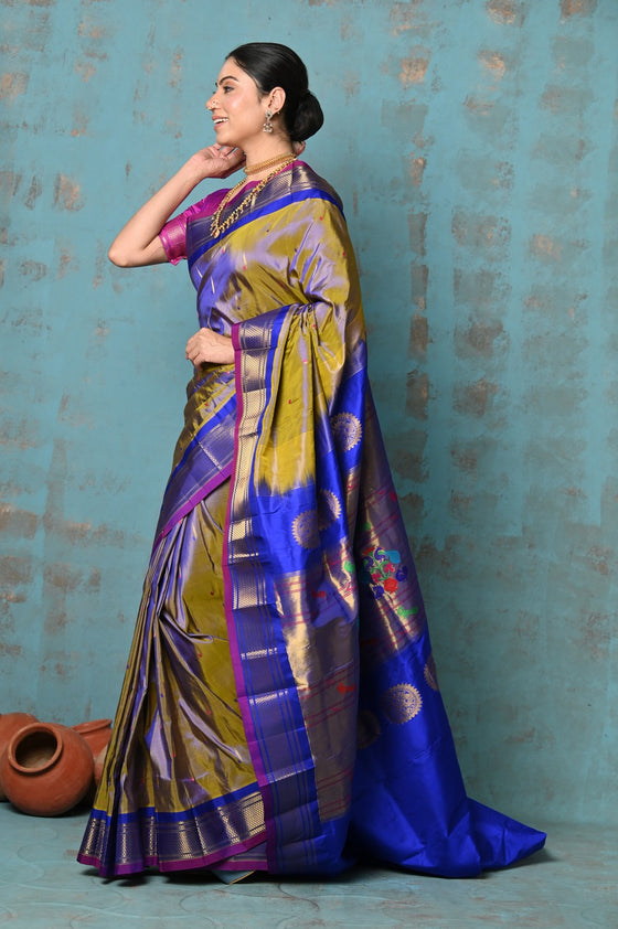 Tyohaar ~ Exclusive Handloom Pure Silk Maharani Paithani With Contrast Pallu~ Dual Tone Blue Green