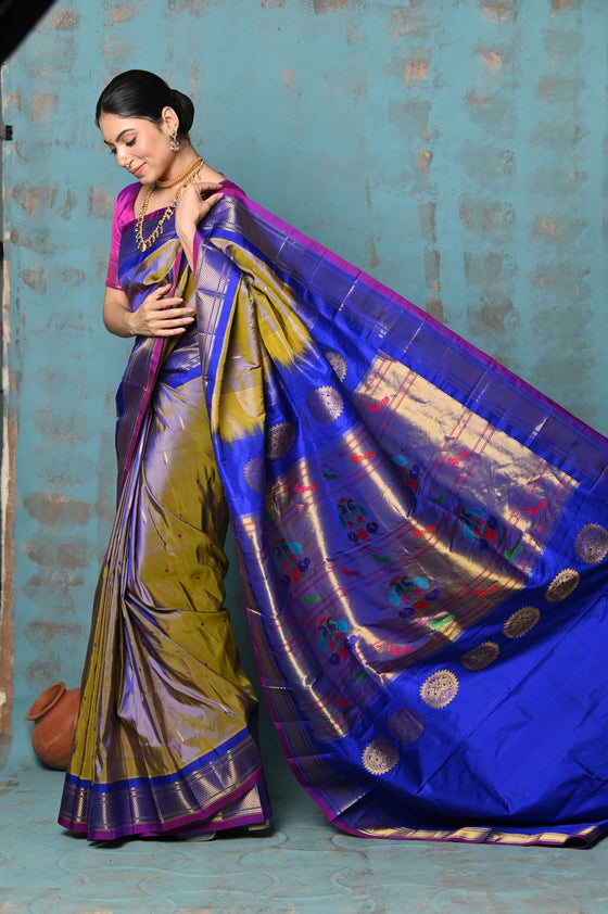 Tyohaar ~ Exclusive Handloom Pure Silk Maharani Paithani With Contrast Pallu~ Dual Tone Blue Green