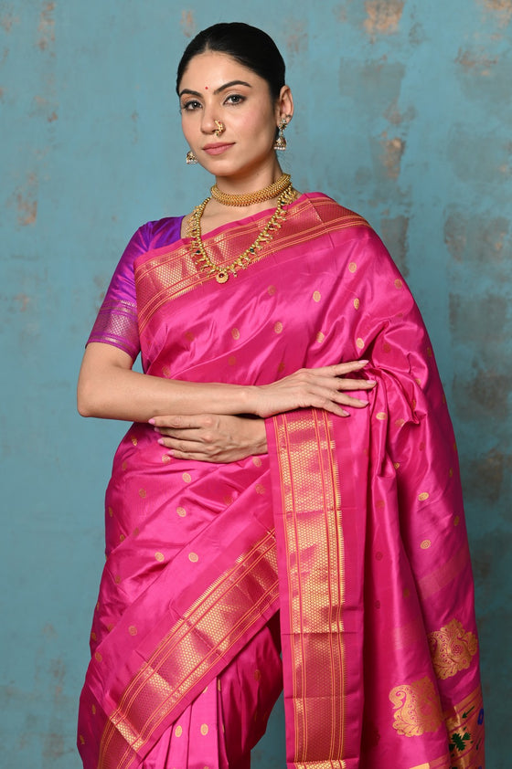 Tyohaar ~ Exclusive Handloom Pure Silk Maharani Paithani With Golden Zari Pallu~ Rani Pink