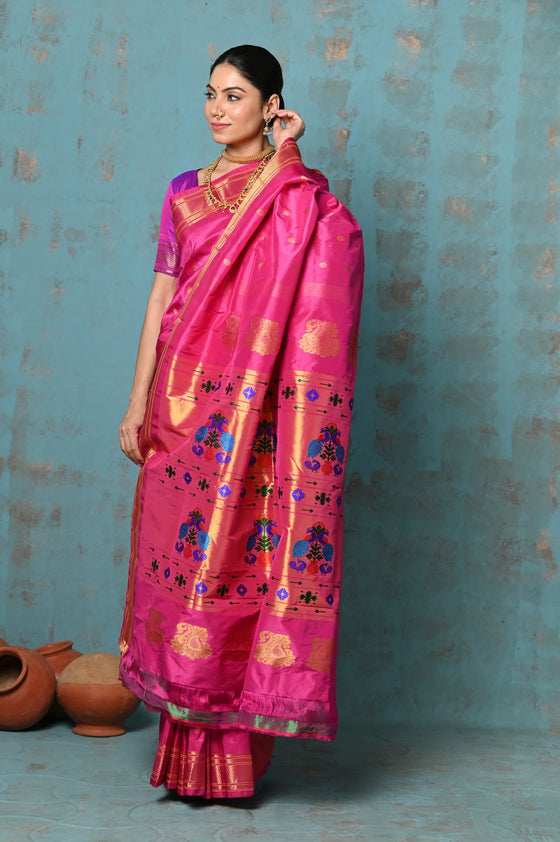 Tyohaar ~ Exclusive Handloom Pure Silk Maharani Paithani With Golden Zari Pallu~ Rani Pink