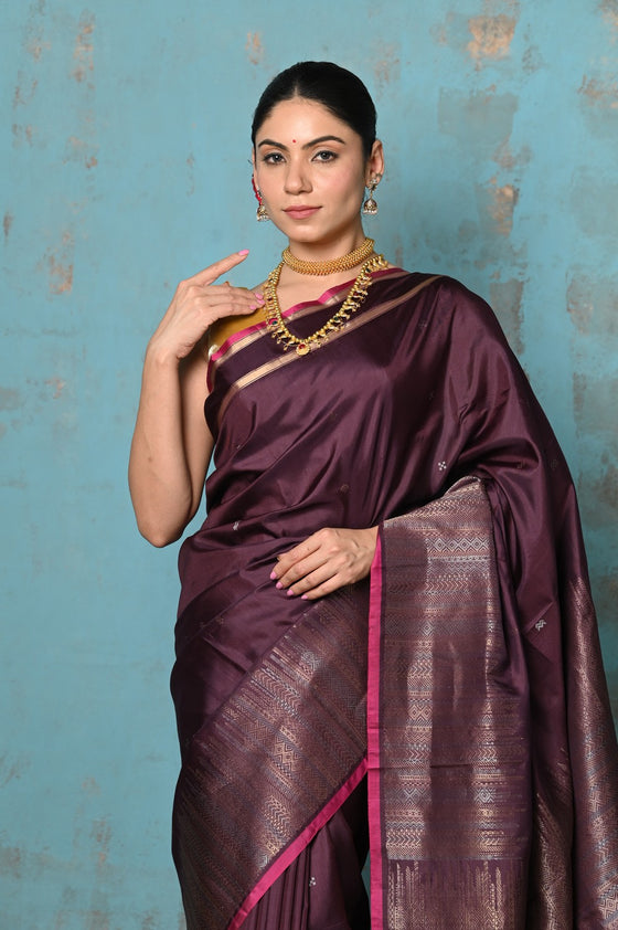 Anokhi ~ Handloom Pure Soft Silk Saree with Designer Pallu ~ Dark Maroon