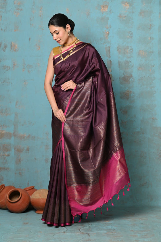 Anokhi ~ Handloom Pure Soft Silk Saree with Designer Pallu ~ Dark Maroon