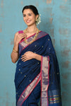 Tyohaar ~ Handloom Pure Cotton Paithani With Nath Pallu ~ Indigo Blue