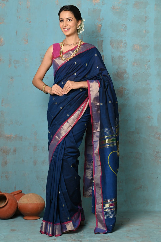 Tyohaar ~ Handloom Pure Cotton Paithani With Nath Pallu ~ Indigo Blue