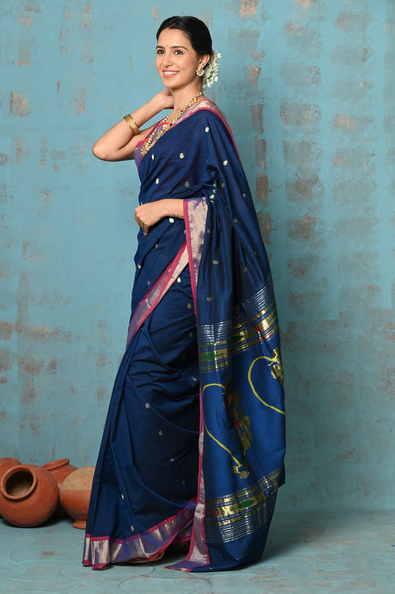 Tyohaar ~ Handloom Pure Cotton Paithani With Nath Pallu ~ Indigo Blue