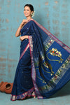 Tyohaar ~ Handloom Pure Cotton Paithani With Nath Pallu ~ Indigo Blue