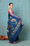 Tyohaar ~ Handloom Pure Cotton Paithani With Nath Pallu ~ Indigo Blue