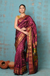 Tyohaar ~ Exclusive Handloom Pure Silk Lining Maharani Paithani With Golden Zari Pallu~ Most Traditional Wine Color