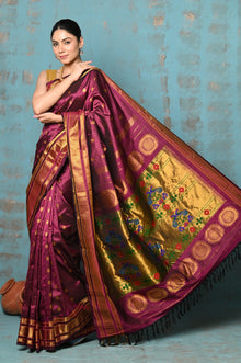  Tyohaar ~ Exclusive Handloom Pure Silk Lining Maharani Paithani With Golden Zari Pallu~ Most Traditional Wine Color