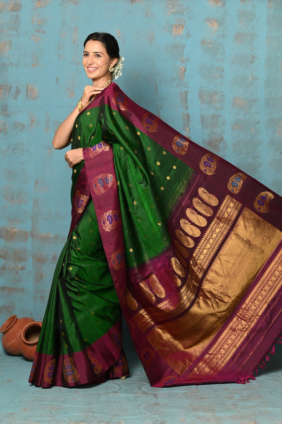 Tyohaar ~ EXCLUSIVE! Handloom Pure Silk Gadwal Saree Handcrafted Zari Pallu in Royal Green & Maroon