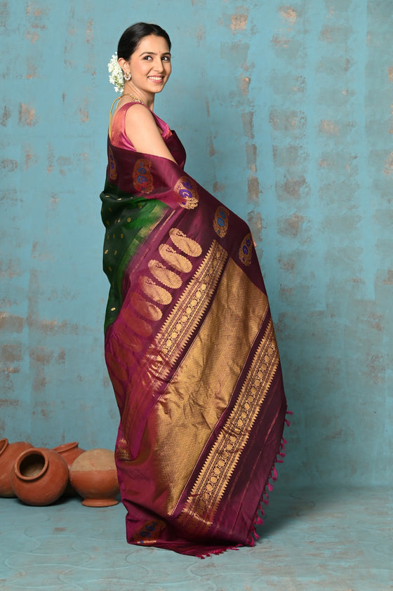 Tyohaar ~ EXCLUSIVE! Handloom Pure Silk Gadwal Saree Handcrafted Zari Pallu in Royal Green & Maroon