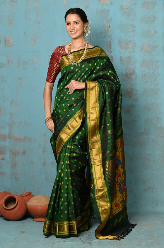 Tyohaar ~ Exclusive Handloom Pure Silk Maharani Paithani With Golden Zari Pallu~ Most Traditional Royal Green