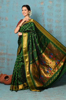  Tyohaar ~ Exclusive Handloom Pure Silk Maharani Paithani With Golden Zari Pallu~ Most Traditional Royal Green