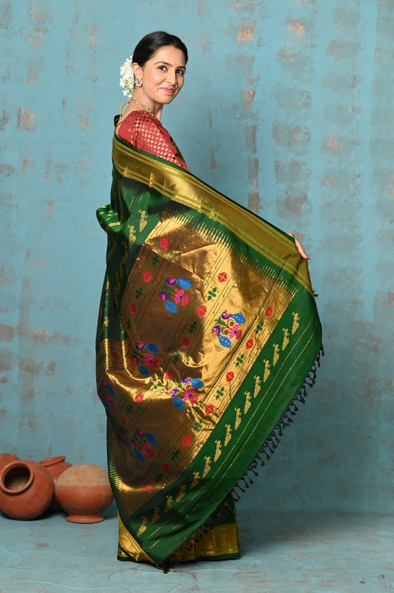 Tyohaar ~ Exclusive Handloom Pure Silk Maharani Paithani With Golden Zari Pallu~ Most Traditional Royal Green