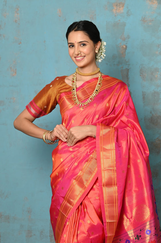 Tyohaar ~ Exclusive Handloom Pure Silk Paithani With Contrast Pall ~ Dual Tone Orange Pink