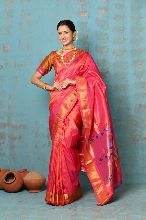 Tyohaar ~ Exclusive Handloom Pure Silk Paithani With Contrast Pall ~ Dual Tone Orange Pink