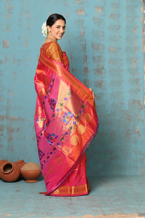 Tyohaar ~ Exclusive Handloom Pure Silk Paithani With Contrast Pall ~ Dual Tone Orange Pink