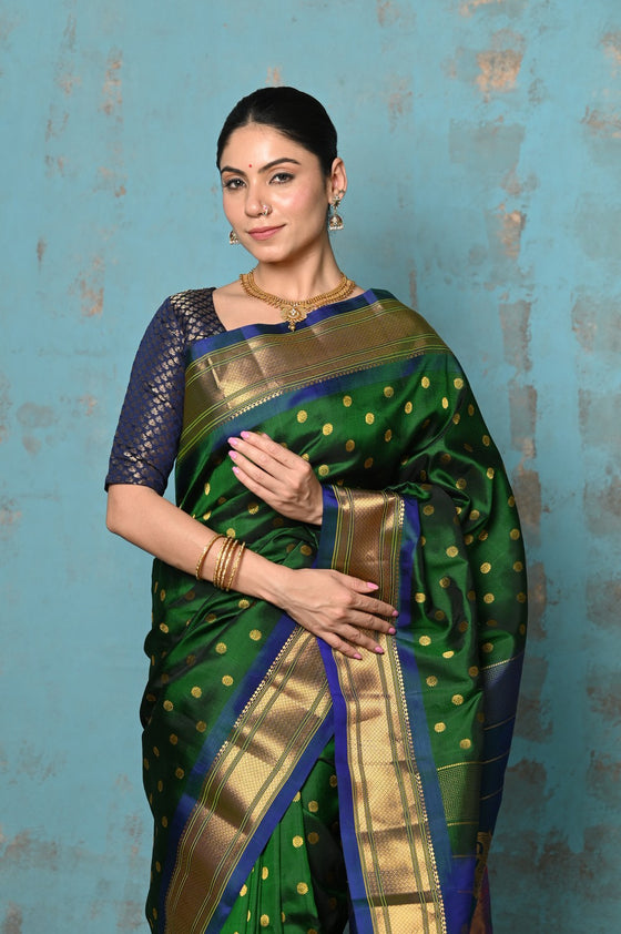 Tyohaar ~ Exclusive Handloom Pure Silk Paithani With Contrast Pall ~ Dual Royal Green & Blue