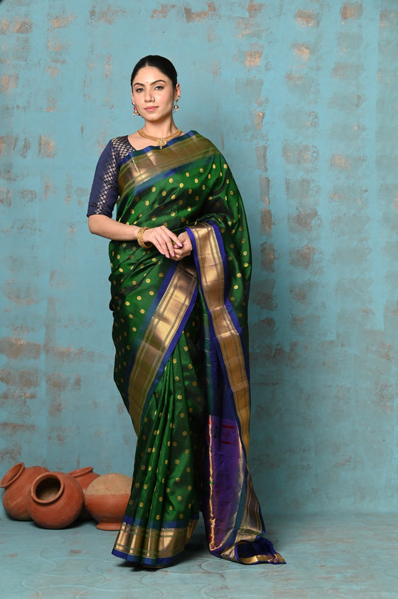 Tyohaar ~ Exclusive Handloom Pure Silk Paithani With Contrast Pall ~ Dual Royal Green & Blue