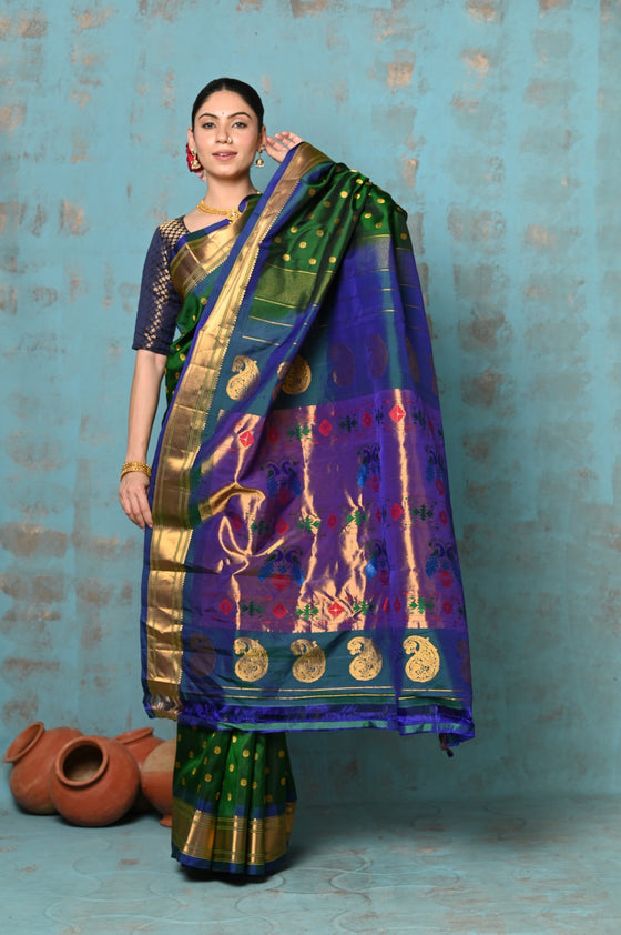 Tyohaar ~ Exclusive Handloom Pure Silk Paithani With Contrast Pall ~ Dual Royal Green & Blue