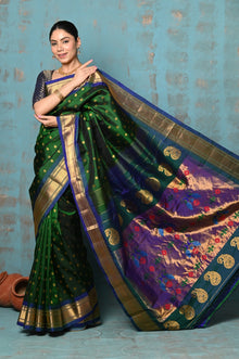  Tyohaar ~ Exclusive Handloom Pure Silk Paithani With Contrast Pall ~ Dual Royal Green & Blue