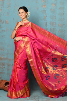  Tyohaar ~ Chandrakala: Handloom Pure Silk Maharani Paithani Saree with Traditional Maharani Pallu ~ Rani Pink (By Government Certified Weavers)