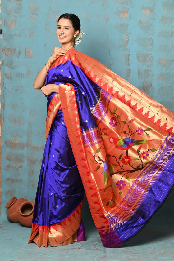 Tyohaar ~ Signature Weave! Handloom Pure Silk Paithani Saree with Exclusive Temple Border ~ Lavender